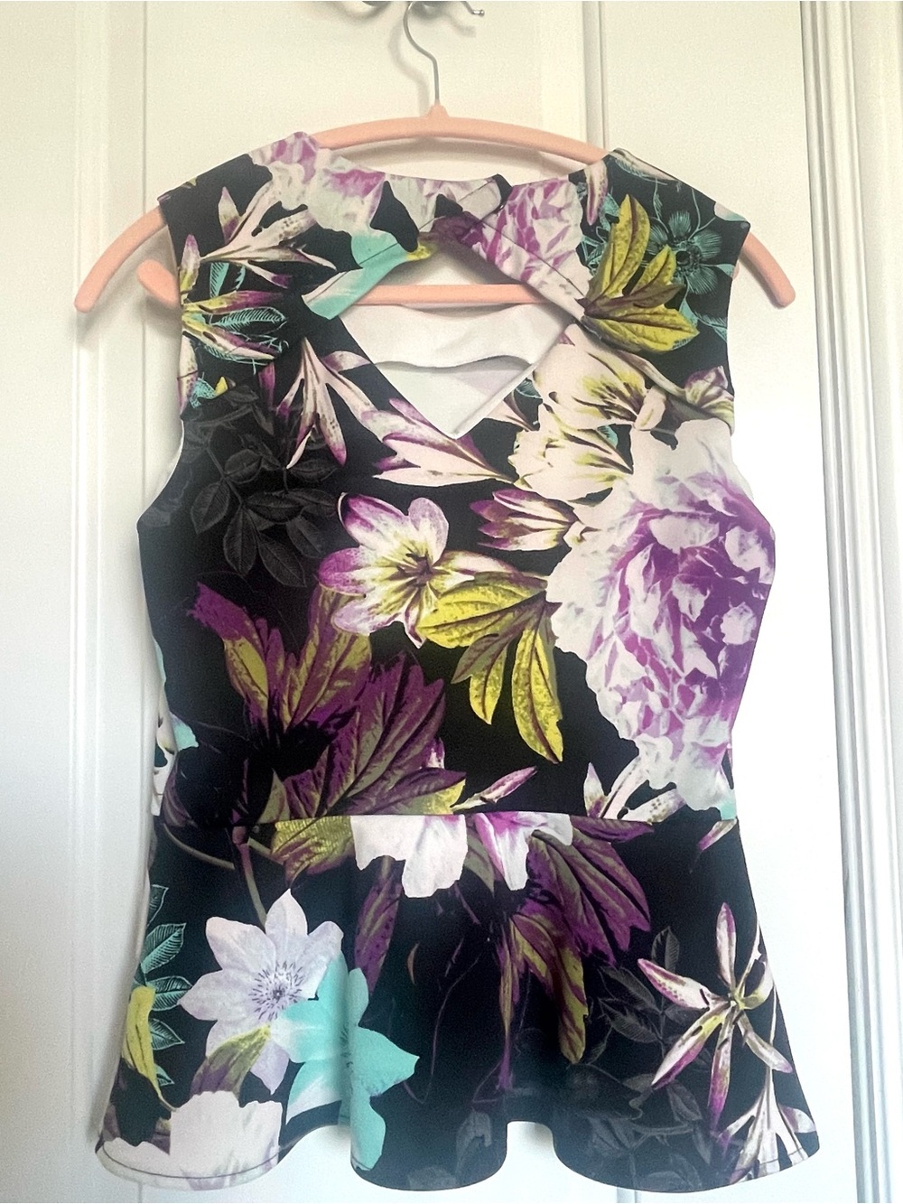 Worthington Black Floral Sleeveless Peplum Top with Purple & Teal Accents - Picture 3 of 3